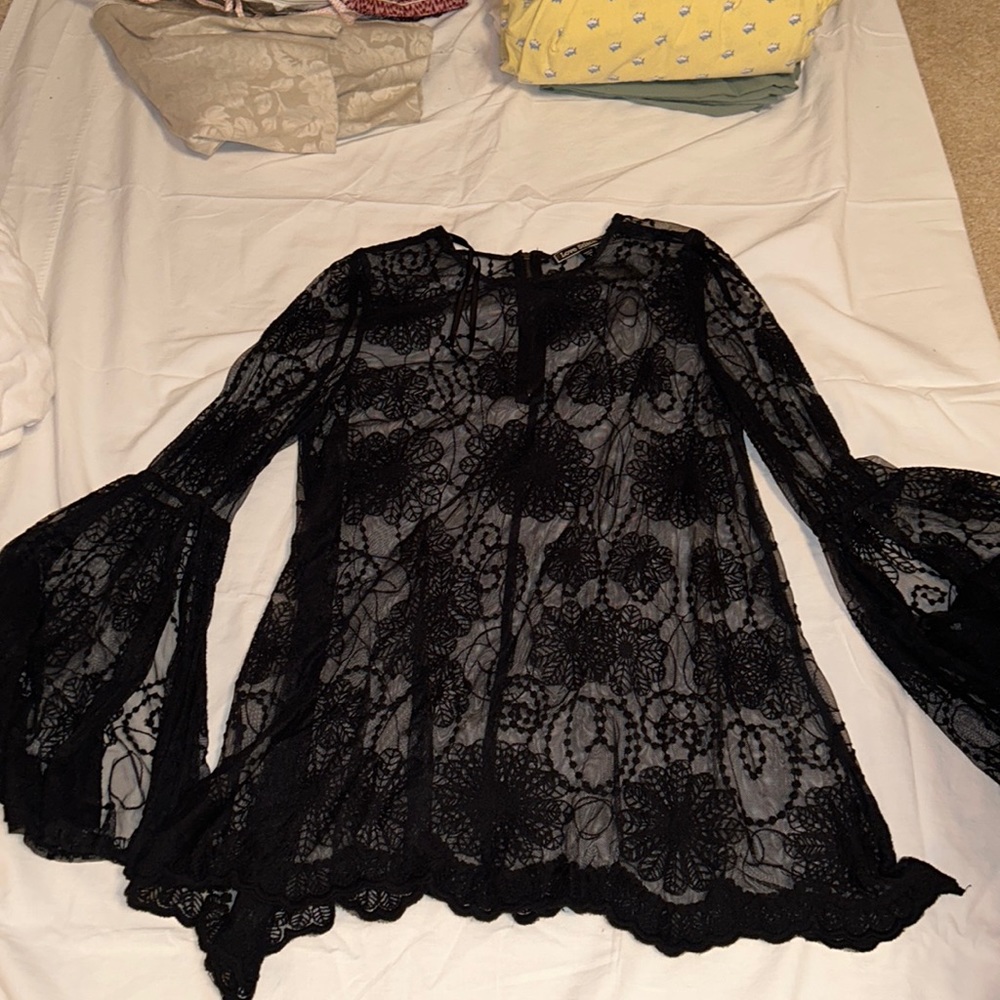 elegant designer lace top, size small; see through
